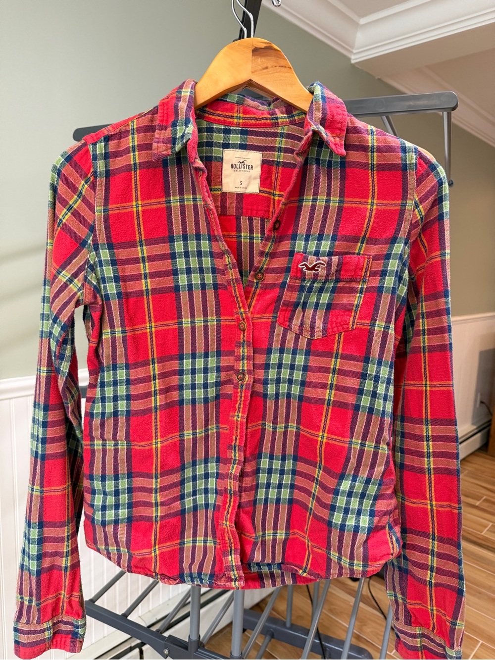 VTG Hollister Y2K Plaid Flannel Button Down Shirt Red Green Small